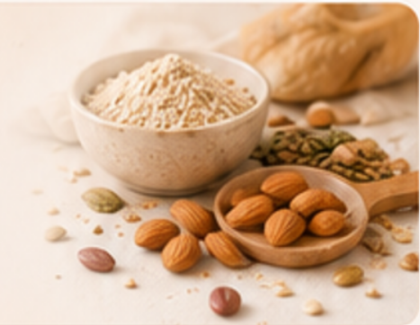 Bowl of ground flour surrounded by almonds and seeds