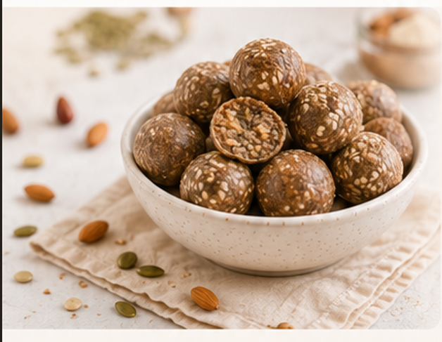 A bowl of handmade Palmsncrumbs energy bites surrounded by nuts and seeds